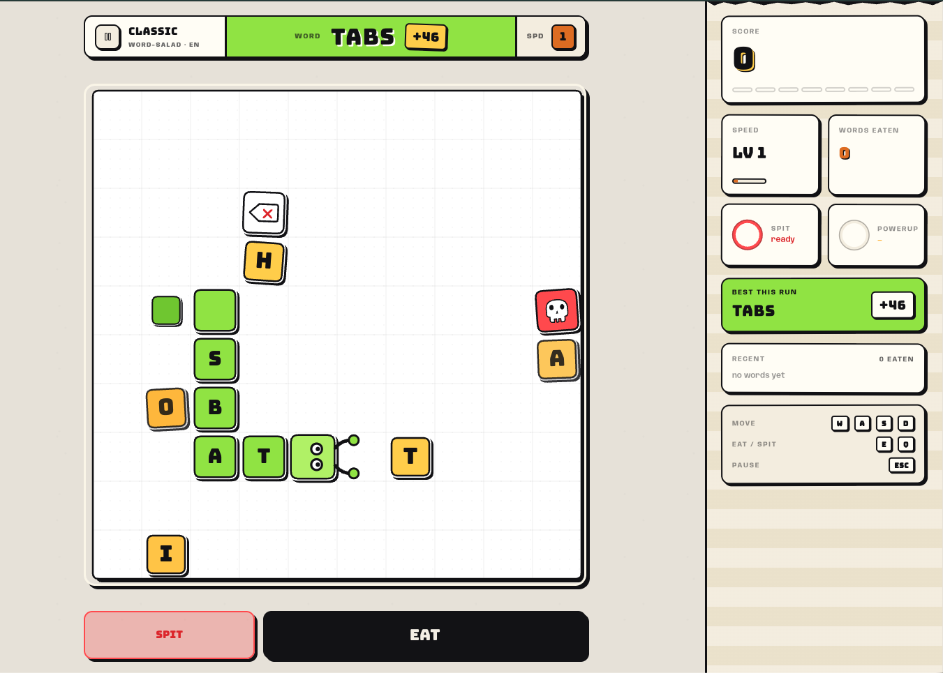Alpha gameplay showing a snake spelling a word on a letter grid.